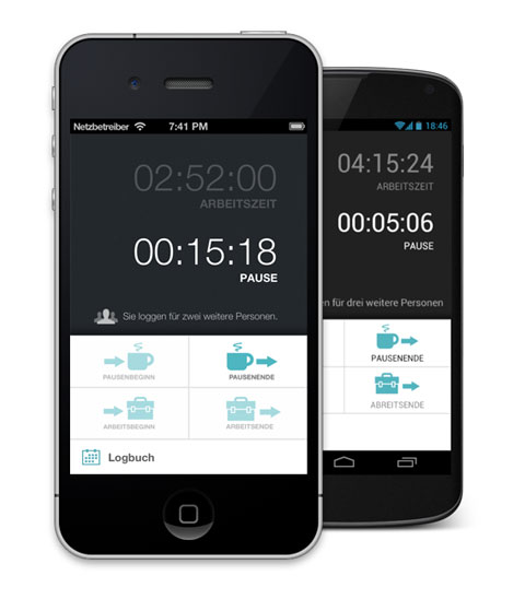 Die valid2Go-App auf einem iPhone und einem Android-Smartphone: Anzeige von Arbeitszeit und Pause sowie Schaltflächen für Arbeitsbeginn, Pausenbeginn, Pausenende und Arbeitsende.
